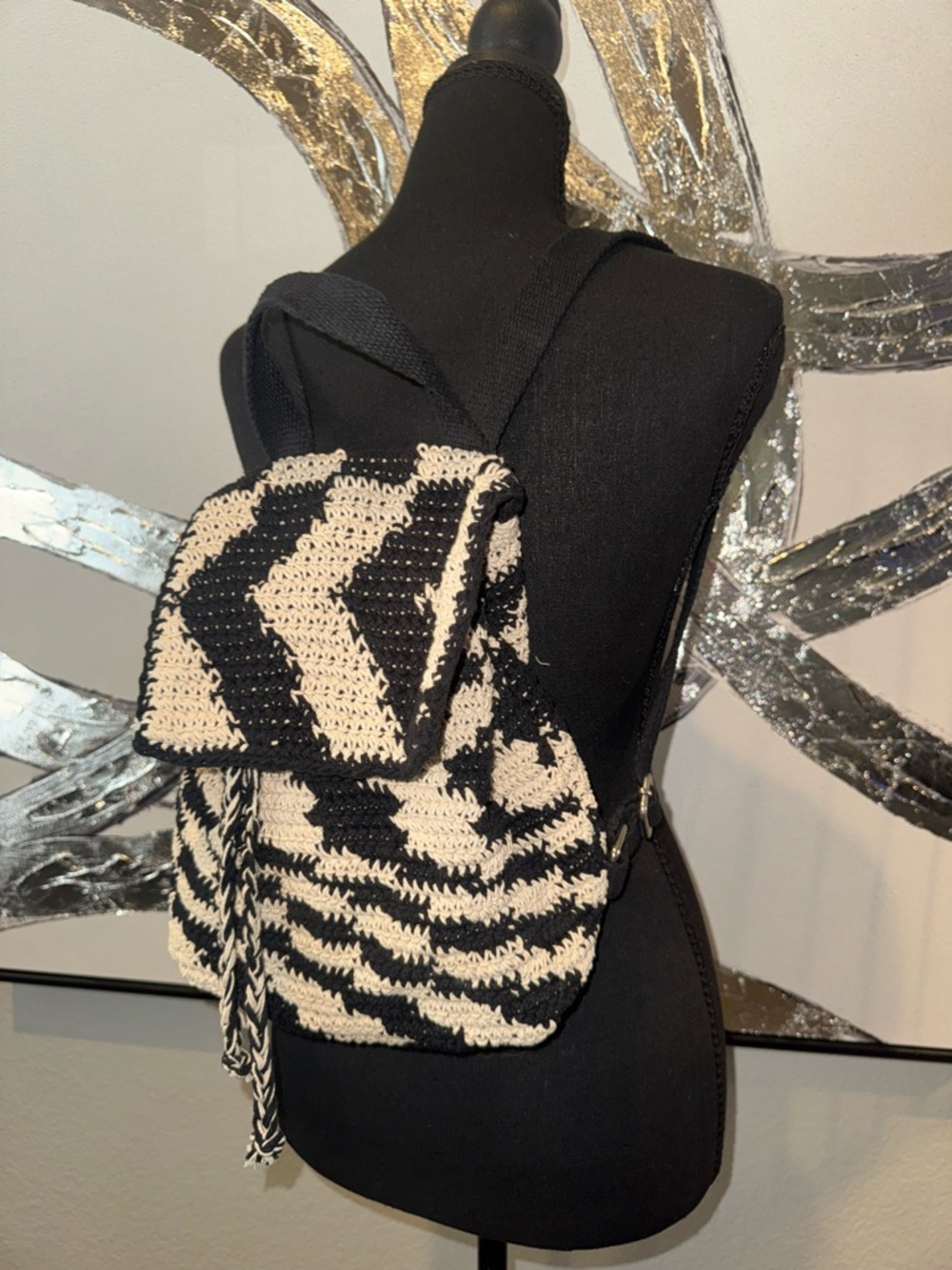 Handcrafted Black and Cream Crochet Backpack